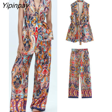 Yipinpay Spring Fashion Print Vest Coat With Belt 2023 New Two Pieces Long Pants Sets Casual Sleeveless Jackets Street Outwear